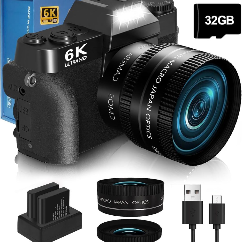 6K 64MP Digital Camera for Photography NIKICAM Vlogging Camera for YouTube with 180° Flip Screen, WiFi,16X Digital Zoom, 52mm Lens, 2 Batteries, 32GB Micro SD Card(Black)