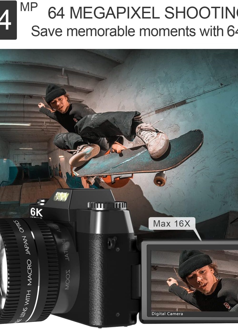 6K 64MP Digital Camera for Photography NIKICAM Vlogging Camera for YouTube with 180° Flip Screen, WiFi,16X Digital Zoom, 52mm Lens, 2 Batteries, 32GB Micro SD Card(Black) - Image 5