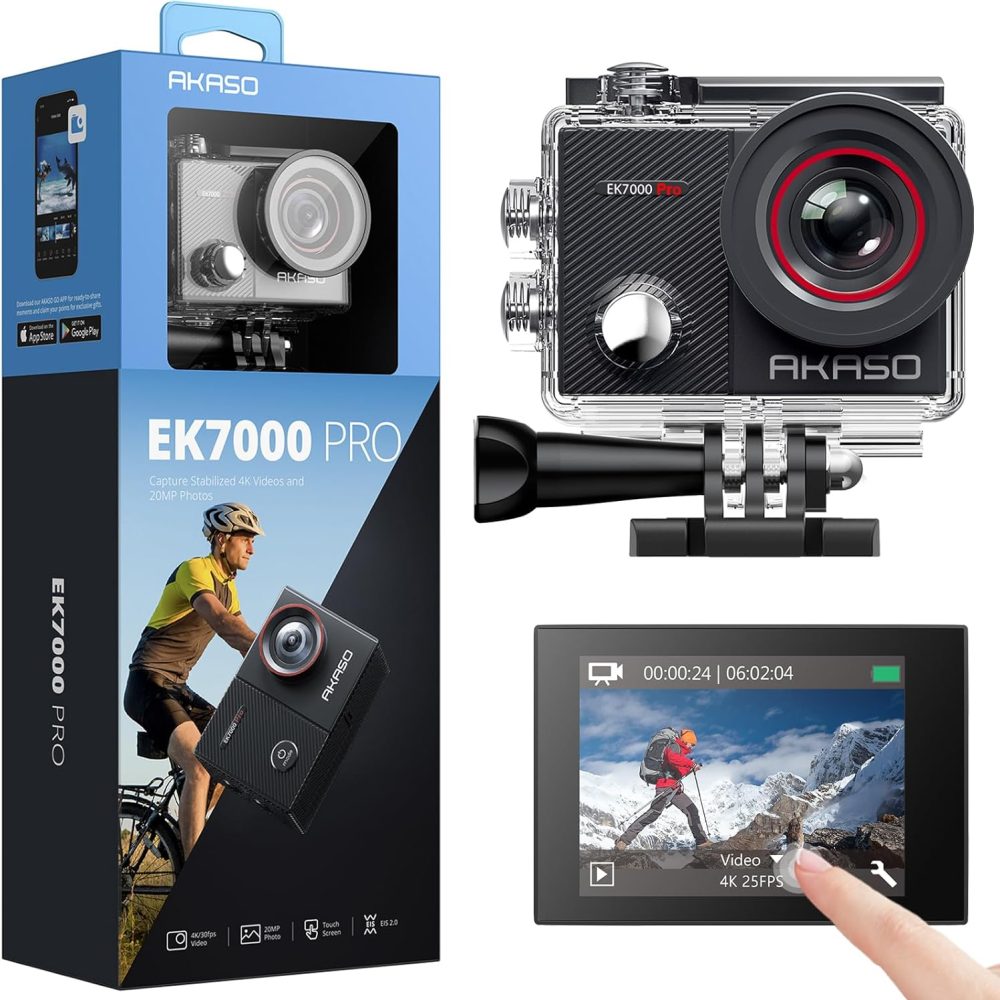 AKASO EK7000 Pro 4K30fps Action Camera with Touch Screen EIS 131ft Waterproof Underwater Camera Remote Control 5X Zoom with Helmet Accessories Kit (Standalone)
