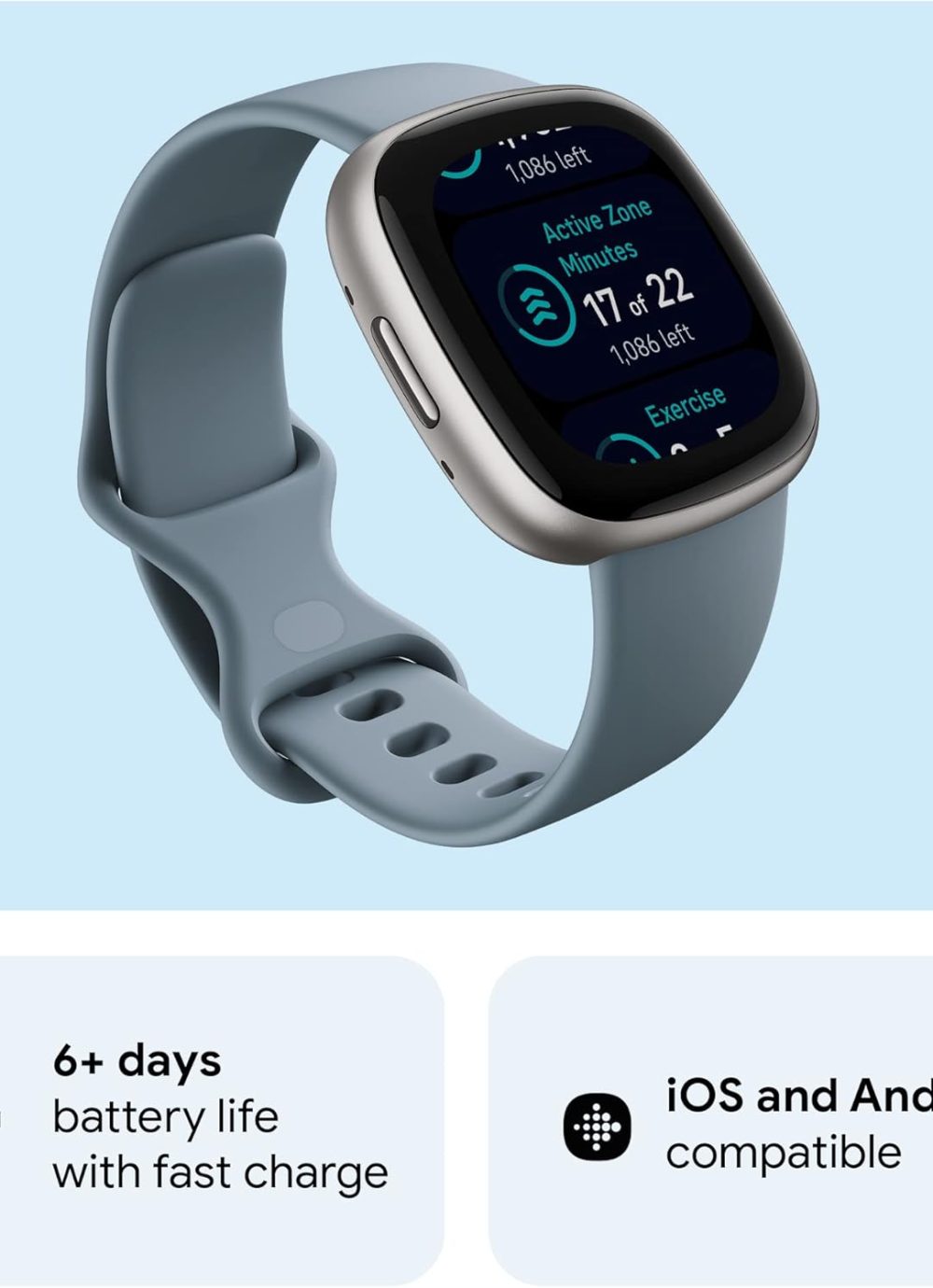 Fitbit Versa 4 Fitness Smartwatch with Daily Readiness, GPS, 24/7 Heart Rate, 40+ Exercise Modes, Sleep Tracking and more, Waterfall Blue/Platinum, One Size (S & L Bands Included) - Image 6