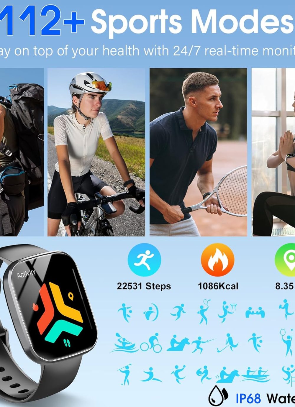 Smart Watch, 1.91" HD Screen Smartwatch for Men Women(Answer/Make Call), Fitness Watch with Heart Rate/Sleep Monitor/Steps Monitor, 110+ Sports Modes, IP68 Waterproof Activity Trackers, Black - Image 4